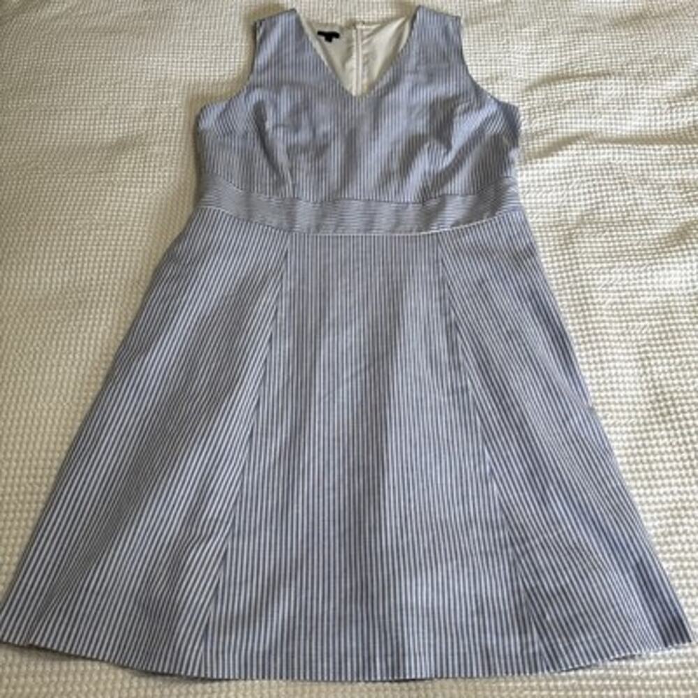 Talbots Linen Blend Sleeveless Midi Dress Sz 16 Blue White Stripe Sleeveless EUC